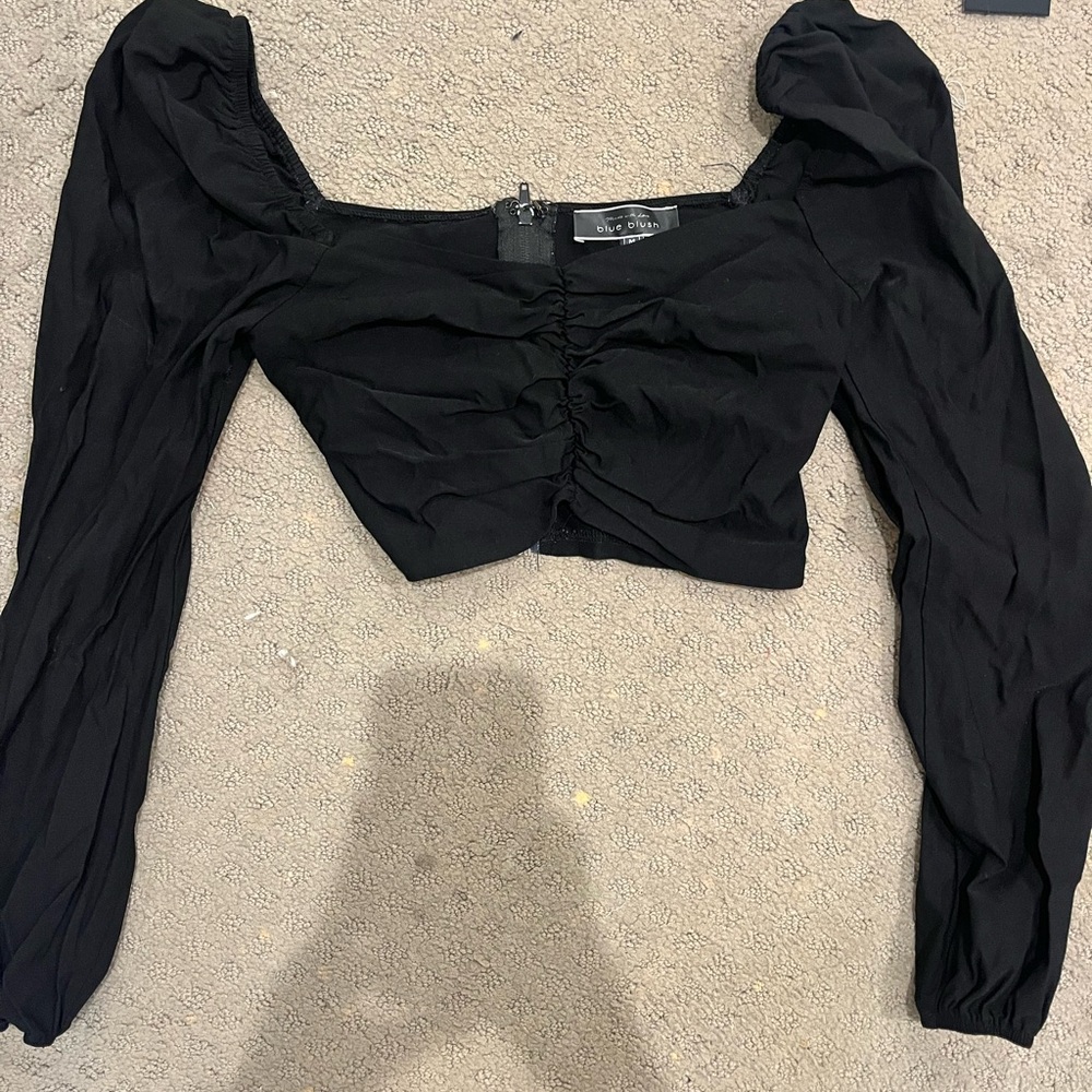 Black Cropped Top, Dressy with Ruffled shoulders, Longsleeve - Size M